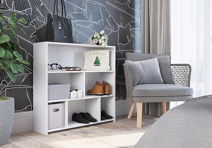 Art in Moveis Mid Century Modern Bookshelf, 6 Cube Storage Shelf - 3 Tier Retro Bookshelf CARB-Free Engineered Wood - White - LeafyLoom