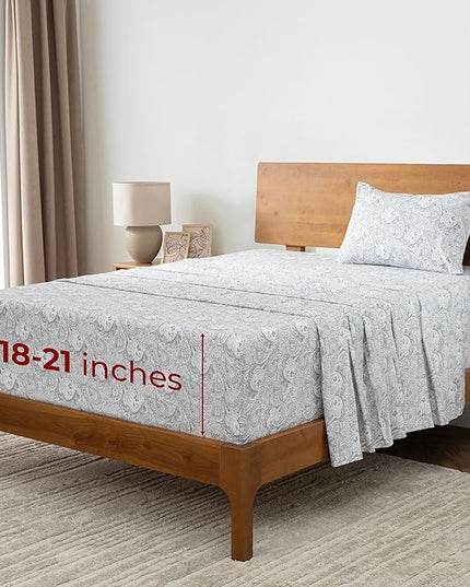 Mellanni Extra Deep Twin Sheets - 3 PC Iconic Collection Bedding Sheets & Pillowcases - Hotel Luxury, Ultra Soft, Cooling Bed Sheets - Extra Deep Pocket up to 21 inch (Twin, Paisley Gray) - LeafyLoom