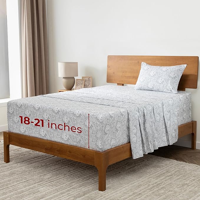 Mellanni Extra Deep Twin Sheets - 3 PC Iconic Collection Bedding Sheets & Pillowcases - Hotel Luxury, Ultra Soft, Cooling Bed Sheets - Extra Deep Pocket up to 21 inch (Twin, Paisley Gray) - LeafyLoom
