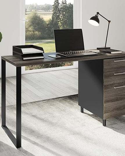 Milano Home Office Desk - 47Inch Space Grey/Black Home Office Desk with Drawers - Modern Computer Desk with Storage, Detachable & Lockable Computer Cabinet - Wooden Office, Study, and Writing Table - LeafyLoom
