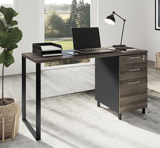 Milano Home Office Desk - 47Inch Space Grey/Black Home Office Desk with Drawers - Modern Computer Desk with Storage, Detachable & Lockable Computer Cabinet - Wooden Office, Study, and Writing Table - LeafyLoom