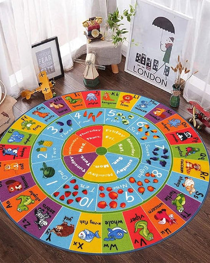 HEBE Kids Play Rug 4ft ABC Alphabet Numbers Shapes Educational Kid Area Rug Washable Baby Crawling Mat Non Slip Kid Play Mat Carpet for Girl Boy Bedroom Playroom - LeafyLoom