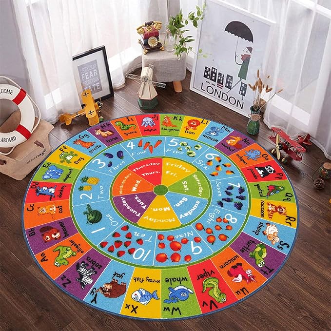 HEBE Kids Play Rug 4ft ABC Alphabet Numbers Shapes Educational Kid Area Rug Washable Baby Crawling Mat Non Slip Kid Play Mat Carpet for Girl Boy Bedroom Playroom - LeafyLoom
