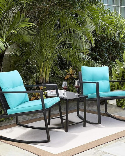 Greesum 3 Pieces Rocking Wicker Bistro Set, Patio Outdoor Furniture Conversation Sets with Porch Chairs and Glass Coffee Table, Blue - LeafyLoom