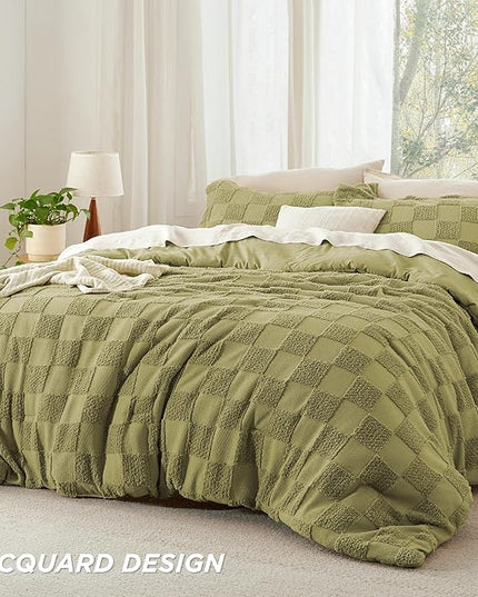 Bedsure King Size Comforter Set Beige, Boho Tufted Bedding Comforter Set, Checkered Farmhouse Shabby Chic Bed Set, 3 Pieces, 1 Plaid Geometric Comforter and 2 Pillow Shams - LeafyLoom