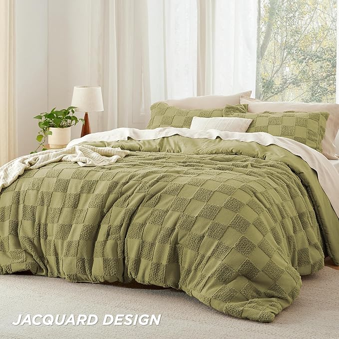 Bedsure Twin/Twin XL Comforter Set Beige, Boho Tufted Bedding Comforter Set, Checkered Farmhouse Shabby Chic Bed Set, 2 Pieces, 1 Plaid Geometric Comforter and 1 Pillow Sham - LeafyLoom