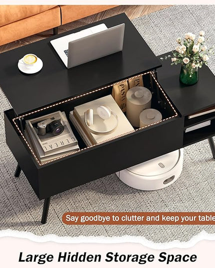 Lift Top Coffee Table with Storage, Black Wood Coffee Table with Lifting Top, Hidden Compartment and Open Shelves, Mid-Century Modern Coffee Table for Living Room, Small Space - LeafyLoom