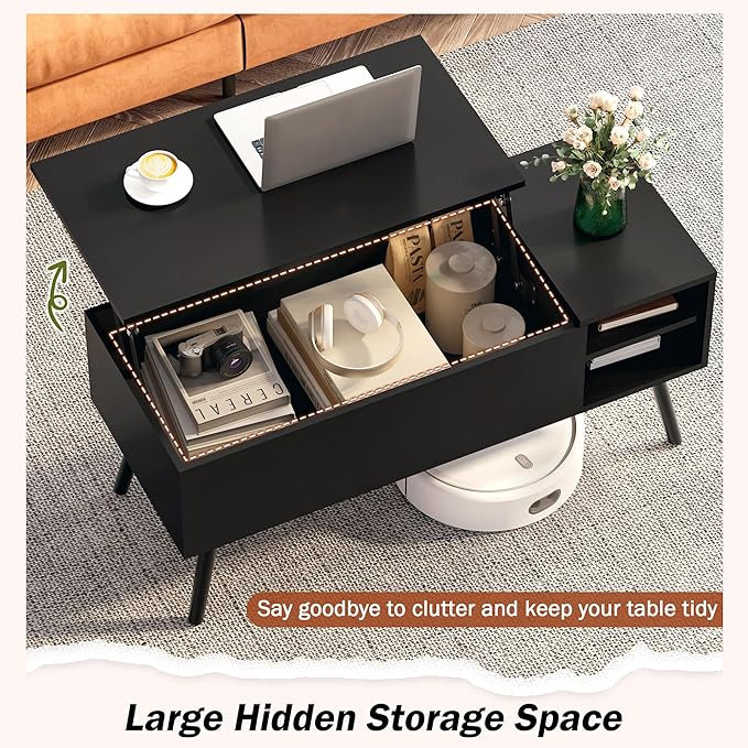 Lift Top Coffee Table with Storage, Black Wood Coffee Table with Lifting Top, Hidden Compartment and Open Shelves, Mid-Century Modern Coffee Table for Living Room, Small Space - LeafyLoom