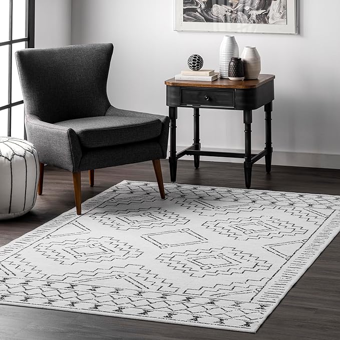 nuLOOM Noa Machine Washable Tribal Moroccan Ultra Thin Area Rug, 6' Square, White - LeafyLoom