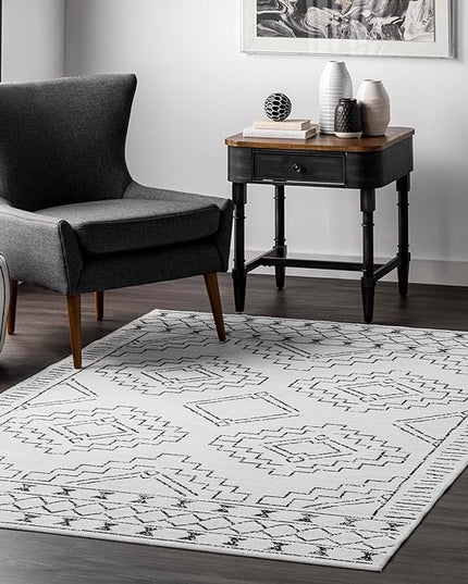 nuLOOM Noa Machine Washable Tribal Moroccan Ultra Thin Area Rug, 8x10, White - LeafyLoom