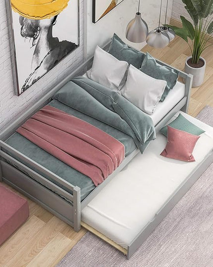 Twin Size Daybed with Hideaway Trundle,Multifunction Solid Wood Bed Frame,W/Wooden Slat Support and Guardrails,No Box Spring Needed,for Bedroom Children Room,Gray - LeafyLoom