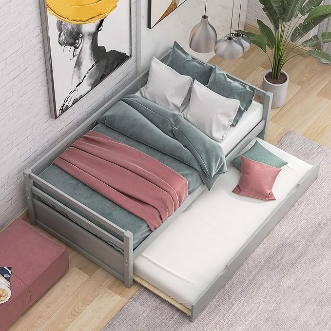 Twin Size Daybed with Hideaway Trundle,Multifunction Solid Wood Bed Frame,W/Wooden Slat Support and Guardrails,No Box Spring Needed,for Bedroom Children Room,Gray - LeafyLoom