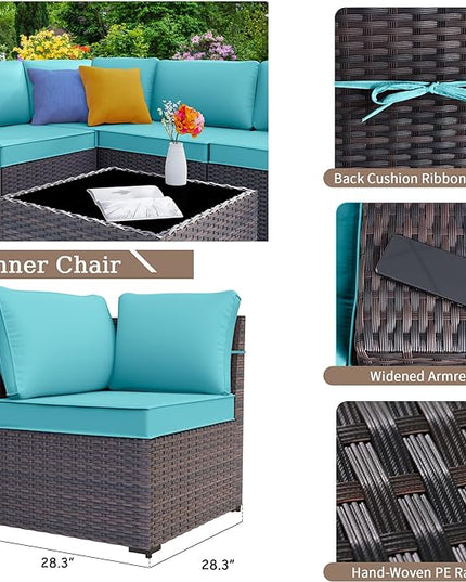 Patio Furniture Set Sofa 6-Piece Wicker PE Rattan Sectional Sofa Set, Outdoor Furniture Patio Conversation Sofa Set with Glass Coffee Table, Blue - LeafyLoom