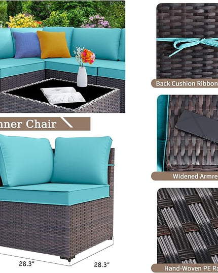 Patio Furniture Set Sofa 12-Pieces Wicker Sectional Sofa Set, Outdoor Furniture Rattan Patio Conversation Set with Thickened Cushions and Glass Coffee Table, Blue - LeafyLoom