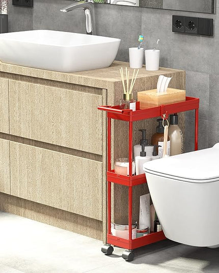 SimpleHouseware Kitchen Cart Storage 3-Tier Slim/Super Narrow Shelves with Handle, 26.5'' Height/5.5'' Width for Narrow Place, Red - LeafyLoom