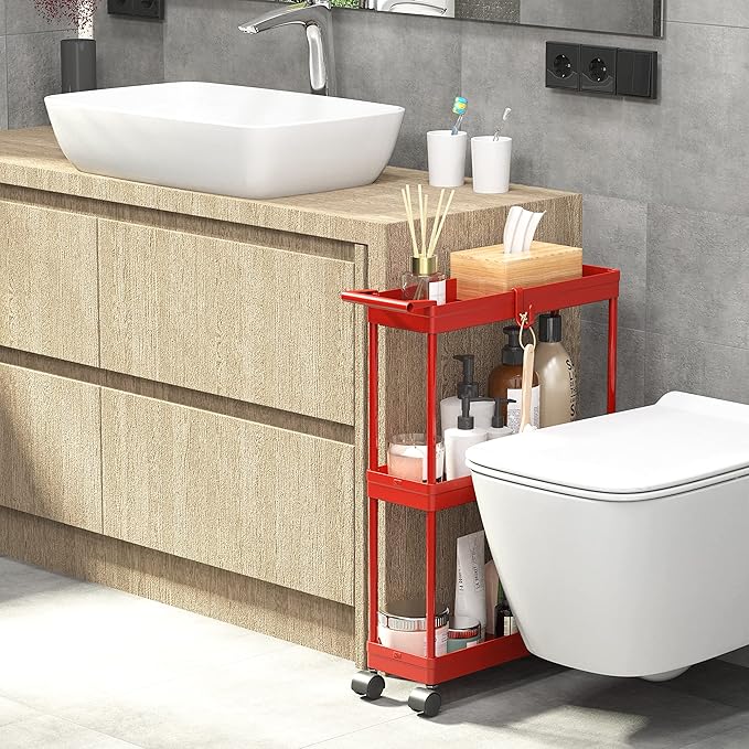 SimpleHouseware Kitchen Cart Storage 3-Tier Slim/Super Narrow Shelves with Handle, 26.5'' Height/5.5'' Width for Narrow Place, Red - LeafyLoom