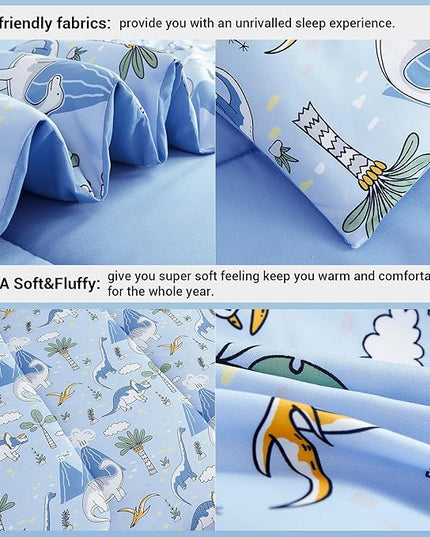 Mooreeke Kids Comforter Bed Set Twin Size for Boys, 6 Pieces Bed in a Bag with Shams, Sheet Set and 1 Decorative Toy Throw Pillow, Dinosaur Blue Super Twin Soft Microfiber Kids Comforter Bedding Set - LeafyLoom