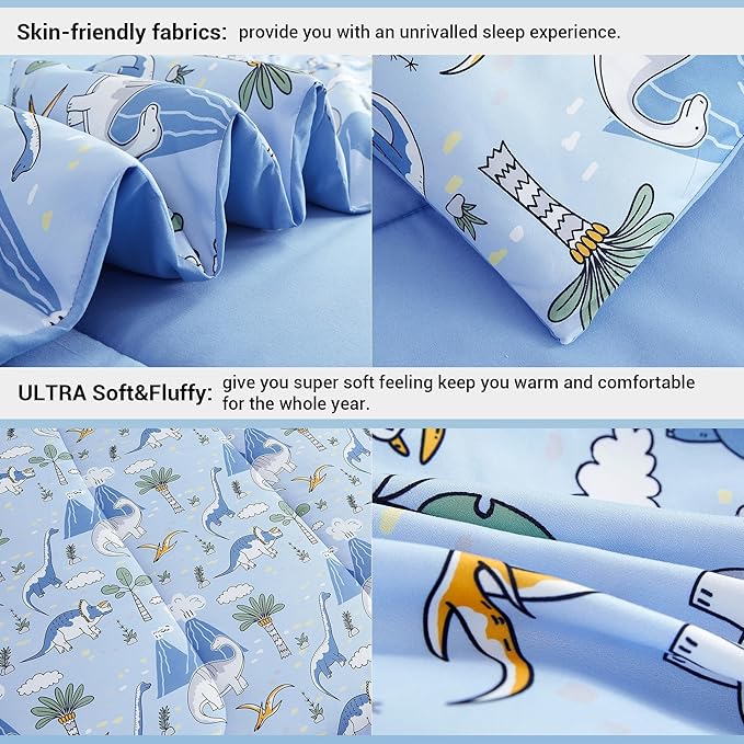 Mooreeke Kids Comforter Bed Set Full Size for Boys, 8 Pieces Bed in a Bag with Shams, Sheet Set and 1 Decorative Toy Throw Pillow, Dinosaur Blue Super Full Soft Microfiber Kids Comforter Bedding Set - LeafyLoom