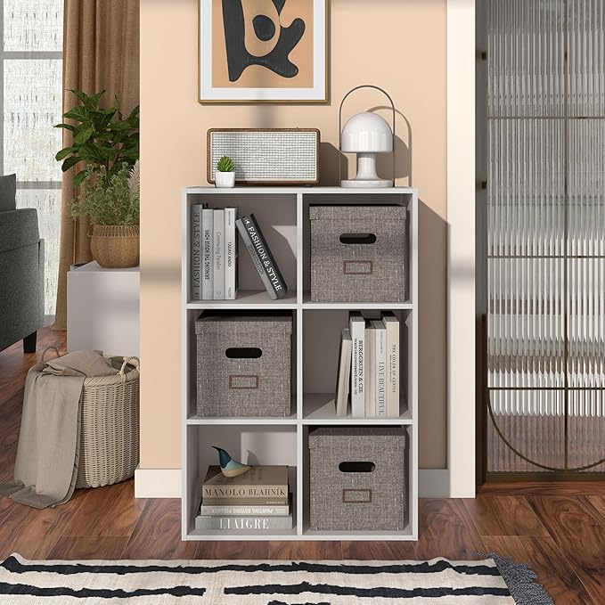 Apexa 6 Cube Storage Organizer Shelves, Stackable Wood Bookcase Fits Cubby Bins for Organization, Dorm Teen Room Decor & Home Office, Greige - LeafyLoom