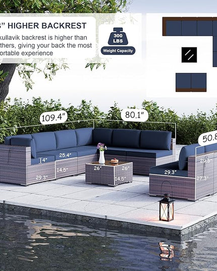 Kullavik 9PCS Outdoor Patio Furniture Set PE Wicker Rattan Sectional Sofa Patio Conversation Sets,Navy blue - LeafyLoom