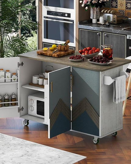 Kitchen Island with Storage, Rolling Table on Wheels w/Drop Leaf, Internal Storage Rack and Towel Rack for Dinning Room - LeafyLoom