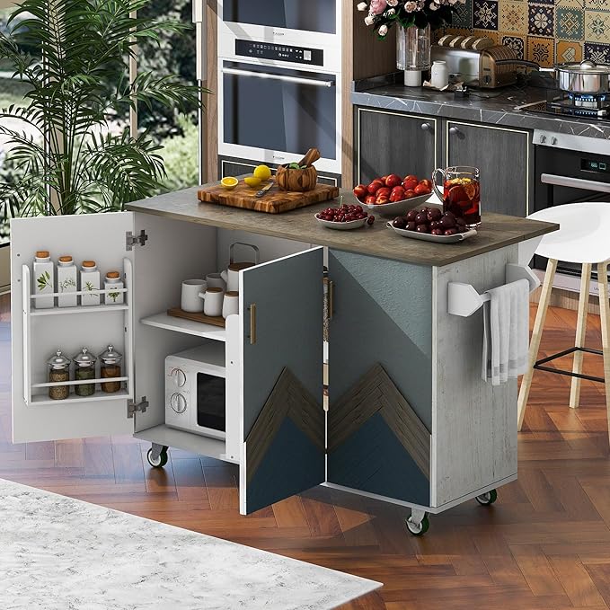 Kitchen Island with Storage, Rolling Table on Wheels w/Drop Leaf, Internal Storage Rack and Towel Rack for Dinning Room - LeafyLoom
