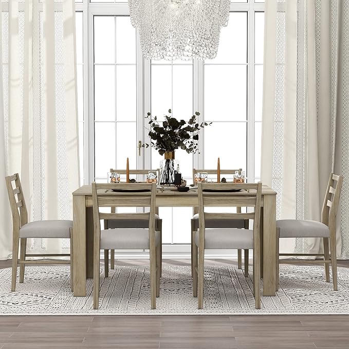 7 Piece Extendable Wooden Dining Table Set with 6 Upholstered Chairs, 12" Leaf and 2 Drawers, Natural Wood Wash - LeafyLoom