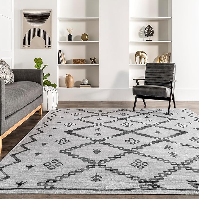 nuLOOM Celesta Bohemian Trellis Machine Washable Ultra Thin Area Rug, 6' x 9', Ivory - LeafyLoom