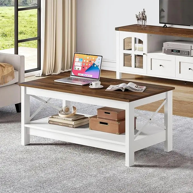 YITAHOME Coffee Table for Living Room,Modern Farmhouse Coffee Table with Storage,2-Tier Center Table for Living Room Wood Living Room Table Accent Cocktail with Sturdy Frame,Brown - LeafyLoom