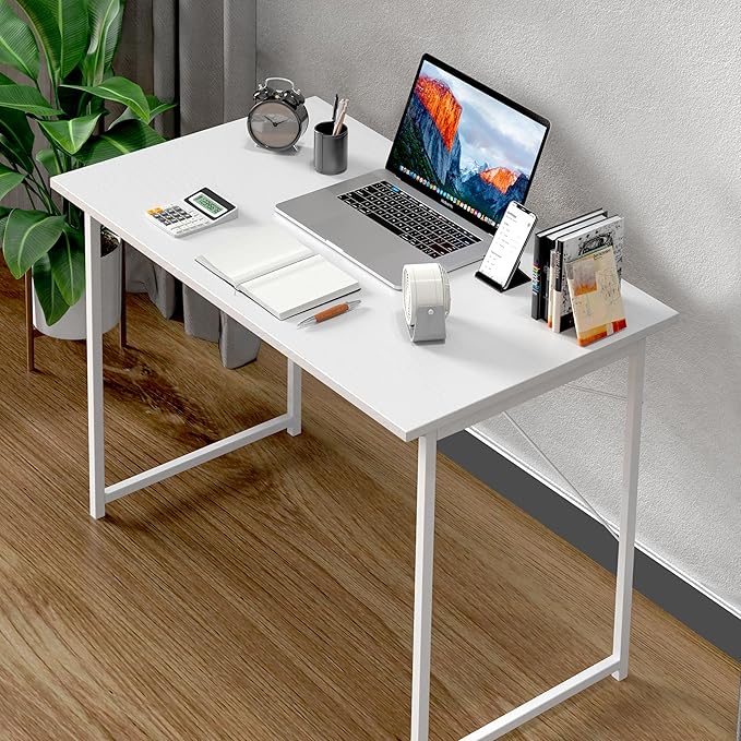 HealSmart Home Office Computer Desk, Modern Style Design with Headphone Hooks for Working, Writing and Gaming, 32 Inch, 40 Inches, White - LeafyLoom
