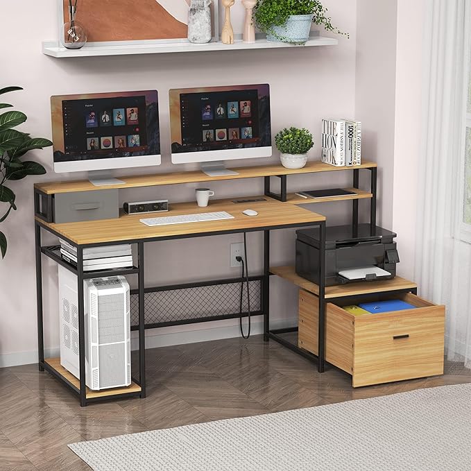 Home Office Desks with Drawers, 66'' Computer Desk with Storage, Office Desk with Monitor Stand, Work Desk with Outlets and USB, Gaming Desk with File Cabinet for Home Office Table, Natural - LeafyLoom