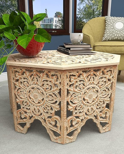 Deco 79 Wood Floral Handmade Living Room Coffee Table Intricately Carved Table with Arched Cutouts and Brown Distressing, Center Table 33" x 33" x 18", Cream - LeafyLoom