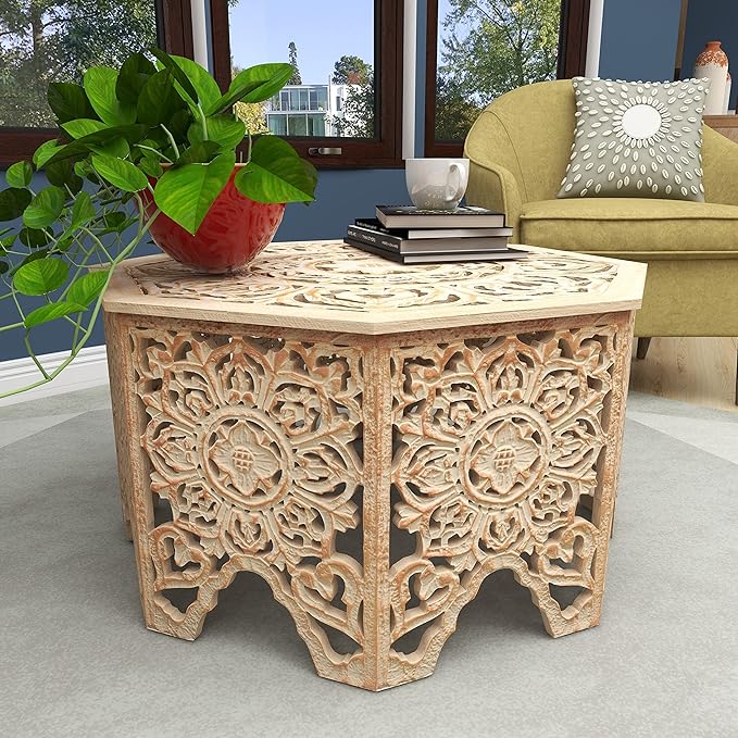 Deco 79 Wood Floral Handmade Living Room Coffee Table Intricately Carved Table with Arched Cutouts and Brown Distressing, Center Table 33" x 33" x 18", Cream - LeafyLoom