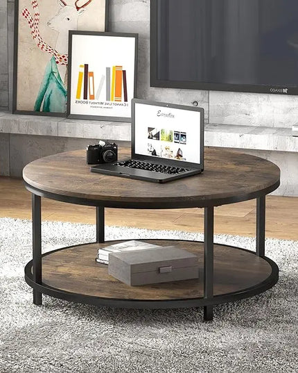NSdirect 36 inches Round Coffee Table, Rustic Wooden Surface Top & Sturdy Metal Legs Industrial Sofa Table for Living Room Modern Design Home Furniture with Storage Open Shelf (Brown) - LeafyLoom