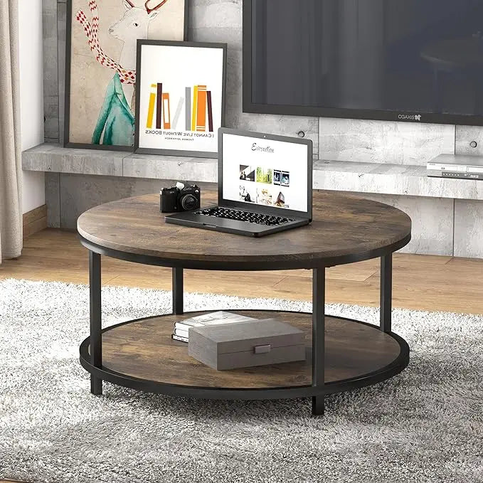 NSdirect 36 inches Round Coffee Table, Rustic Wooden Surface Top & Sturdy Metal Legs Industrial Sofa Table for Living Room Modern Design Home Furniture with Storage Open Shelf (Brown) - LeafyLoom