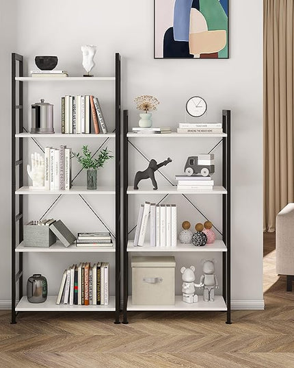 VERMESS Book Shelf White, Tall 4 Tier Bookshelf, Industrial Shelving Unit Wood Bookcase Shelf with Open Shelves, Wide Storage Standing Bookshelves Metal Display Rack for Living Room, Bedroom, Office - LeafyLoom