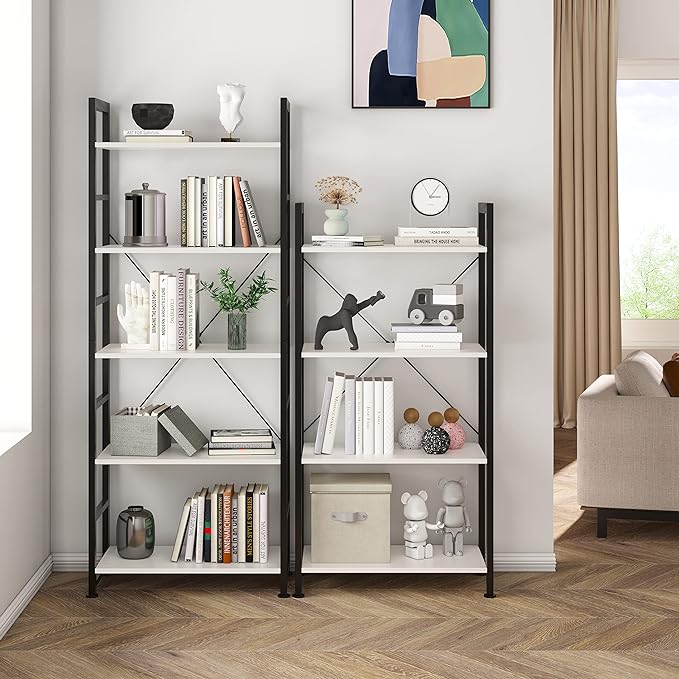 VERMESS Book Shelf White, Tall 4 Tier Bookshelf, Industrial Shelving Unit Wood Bookcase Shelf with Open Shelves, Wide Storage Standing Bookshelves Metal Display Rack for Living Room, Bedroom, Office - LeafyLoom