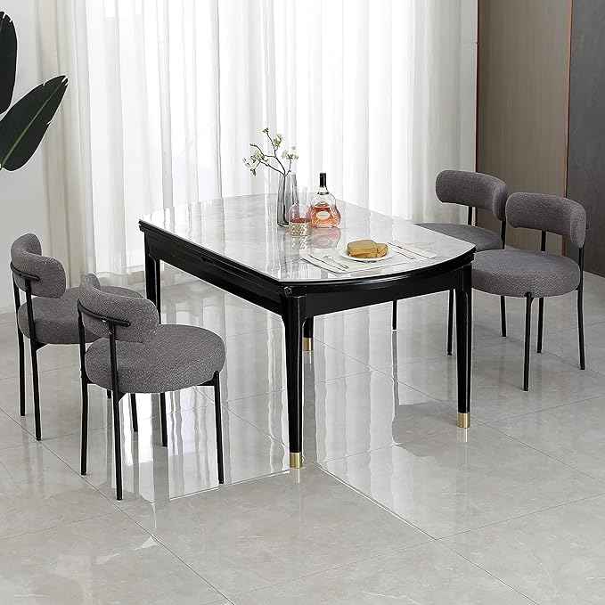 DYHOME Dark Grey Dining Chairs Set of 2, Mid-Century Modern Dining Chairs, Kitchen Dining Room Chairs, Curved Backrest Round Upholstered Boucle Sherpa Dining Chair with Black Metal Legs - LeafyLoom