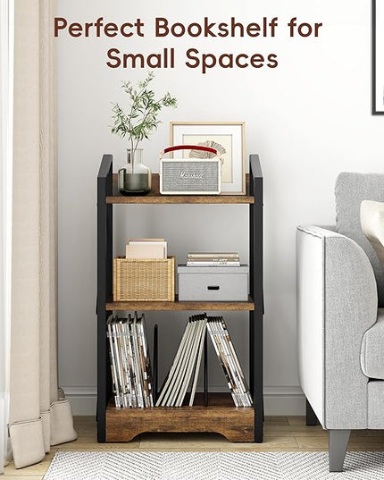 Vagusicc 3 Tier Bookshelf, Small Book Shelf Industrial Bookshelf, Wood Short Book Shelf Office Shelves with Metal Frame, Rustic Open Shelf Storage Organizer Bookcase for Living Room Bedroom, Brown - LeafyLoom