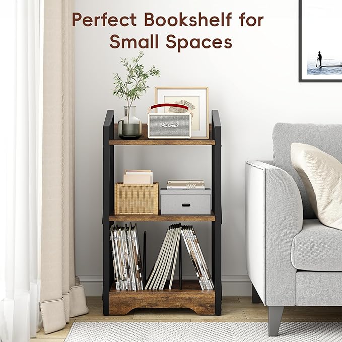 Vagusicc 3 Tier Bookshelf, Small Book Shelf Industrial Bookshelf, Wood Short Book Shelf Office Shelves with Metal Frame, Rustic Open Shelf Storage Organizer Bookcase for Living Room Bedroom, Brown - LeafyLoom