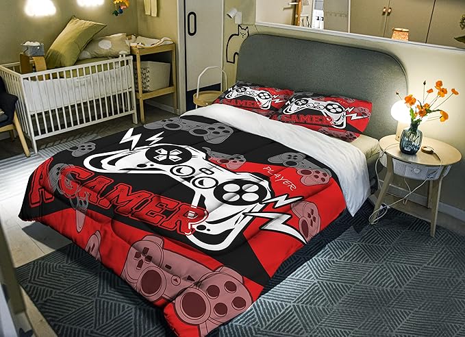 Sunnycitron Gamer Bedding Set for Boys Gamer Comforter sets Queen Gaming Bedding Kid's Comforter Set Boys Teen Gamepad Gaming Comforter,1 Comforter 2 Pillowcases - LeafyLoom