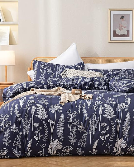 JANZAA Full Size Comforter Sets Navy Blue Comforter Set Floral Bedding Set Microfiber Comforter Set with Pillow Case for All Season Cozy and Comfortable 3 Pieces - LeafyLoom