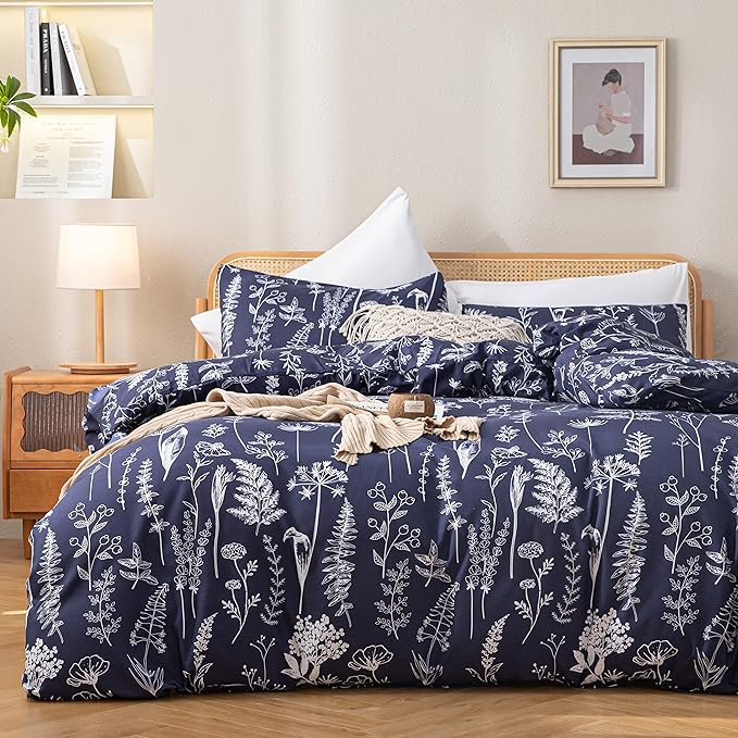 JANZAA Queen Comforter Set Bedding Comforter Sets Navy Blue Floral Comforter Set with 2 Pillow Cases Microfiber Soft for All Seasons - LeafyLoom