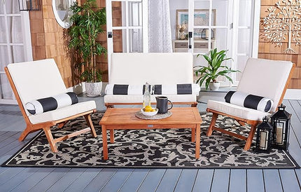 Safavieh PAT7044C Outdoor Collection Chaston Natural and Beige 4-Piece Black & White Pillows Patio Set - LeafyLoom