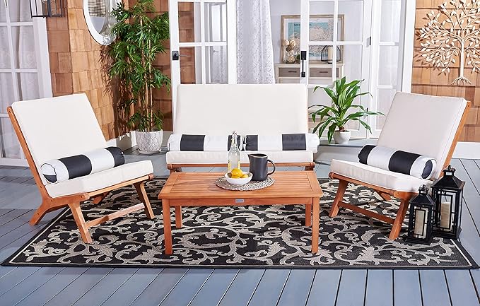 Safavieh PAT7044C Outdoor Collection Chaston Natural and Beige 4-Piece Black & White Pillows Patio Set - LeafyLoom
