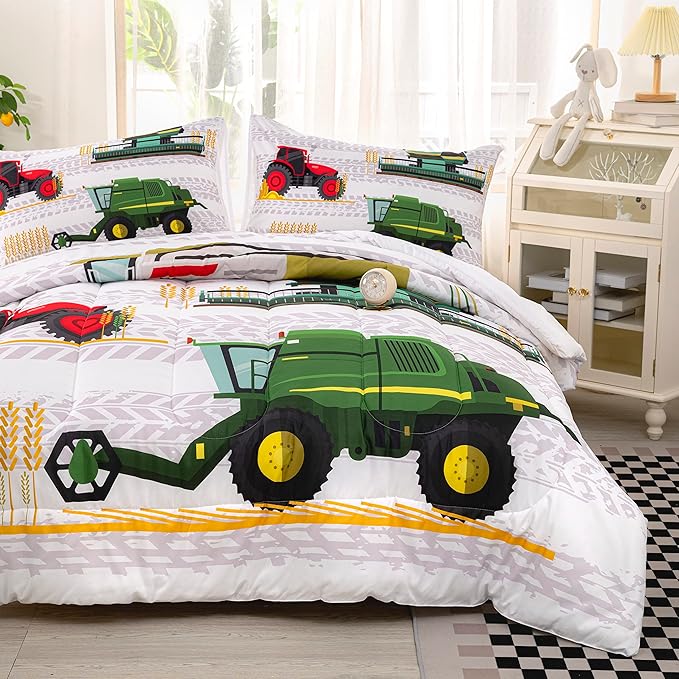 CVHOUSE Tractor Bedding Sets for Boys,Excavators Comforter King,Boys Cartoon Truck Comforter Set,Trucks Tractors Cars Quilt Set with 1 Comforter and 2 Pillow Cases- 3 Piece - LeafyLoom
