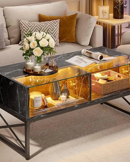 Bestier LED Coffee Tables for Living Room, 42 Inch Large Living Room Center Table, Smart Gaming Tea Tables for Home Office, Modern Style Black Faux Marble - LeafyLoom