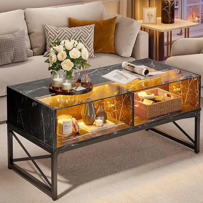 Bestier LED Coffee Tables for Living Room, 42 Inch Large Living Room Center Table, Smart Gaming Tea Tables for Home Office, Modern Style Black Faux Marble - LeafyLoom