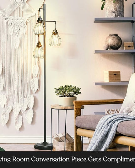 Brightech Teardrop LED Floor Lamp – Tree Standing Lamp with 3 Elegant Cage Heads & Edison Bulbs – Standing Lamp for Living Rooms & Offices – Tall Standing Lamp Ideal for Bedroom Reading – Black - LeafyLoom