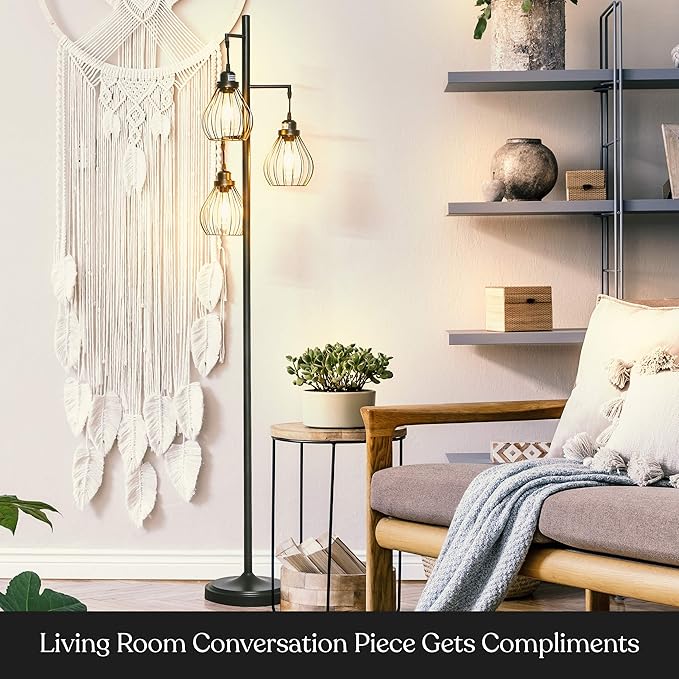 Brightech Teardrop LED Floor Lamp – Tree Standing Lamp with 3 Elegant Cage Heads & Edison Bulbs – Standing Lamp for Living Rooms & Offices – Tall Standing Lamp Ideal for Bedroom Reading – Black - LeafyLoom